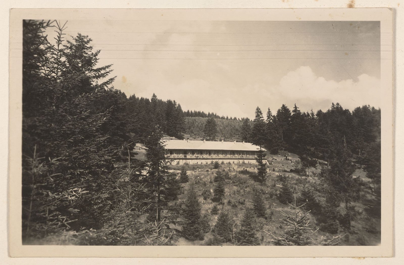 A black-and-white photograph of a wooded landscape with a long, single-story building partially visible through the trees. The building is surrounded by dense forest, with power lines running above it against a cloudy sky. The image has a vintage, sepia tone.