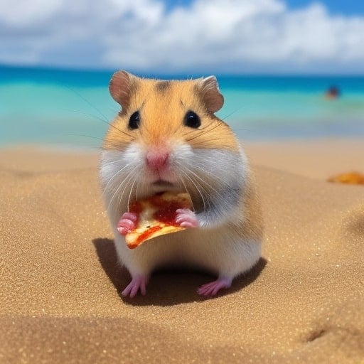 A hamster on a sandy beach eating a tiny slice of pizza, with a clear blue sky and turquoise ocean in the background.
