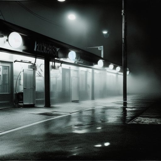 A misty night scene at a dimly lit train station with glowing lamps reflected on the wet pavement, creating a moody and atmospheric look.