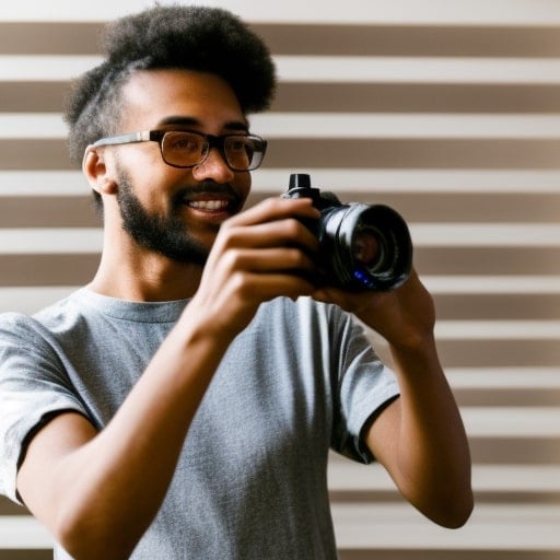 A smiling man with glasses and a beard holding a DSLR camera, focusing on a shot. he wears a gray t-shirt and stands against a striped background.