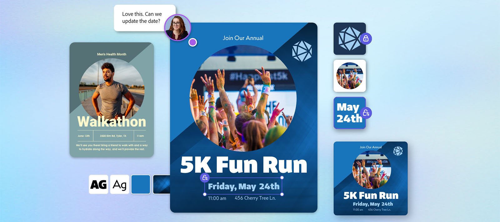 A promotional collage featuring a "5K Fun Run" event on Friday, May 24th at 11:00 am. Central image shows a crowd of people with hands raised. Side images include "Walkathon," text overlay suggestions, and design elements such as date and event graphics.