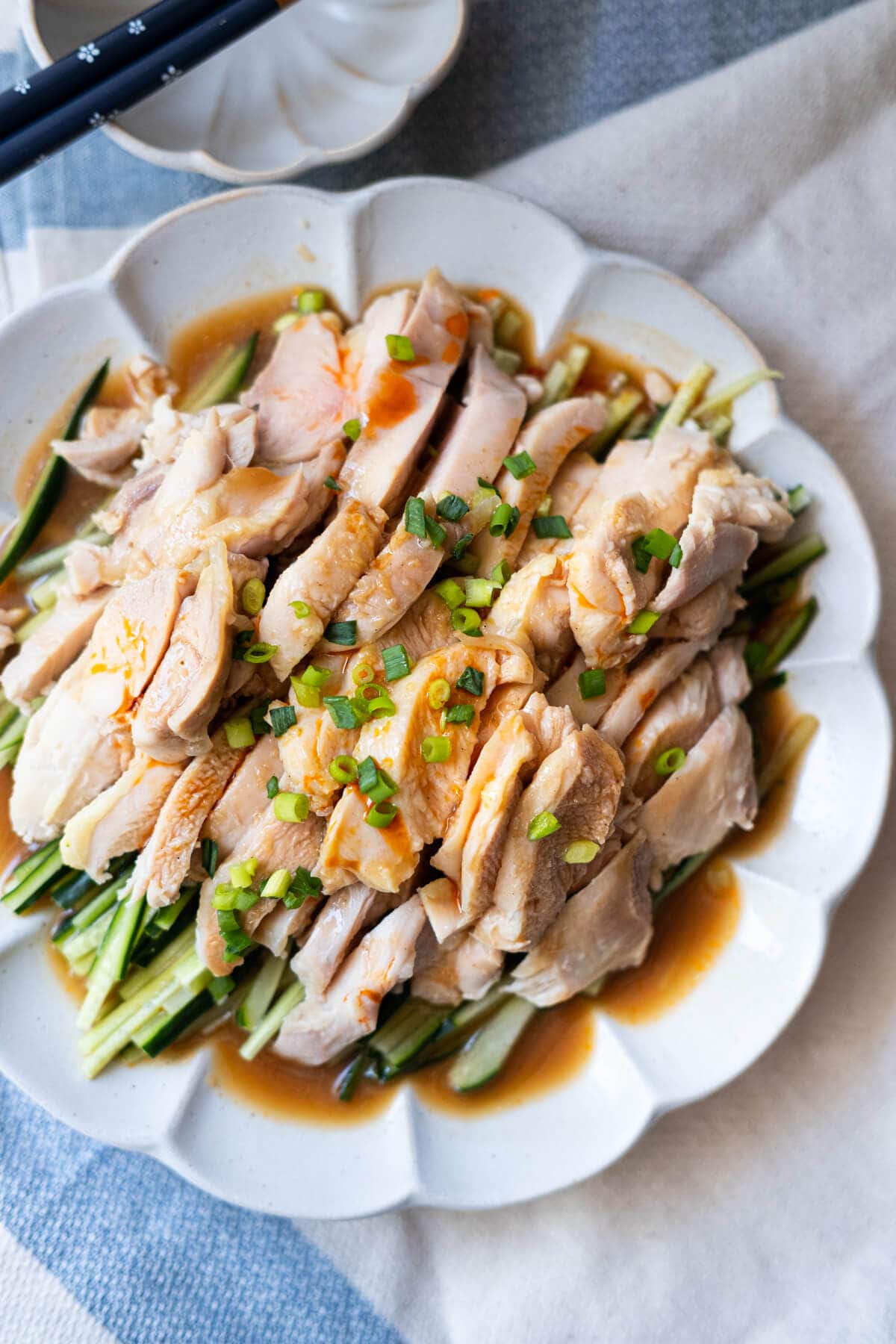 Bang bang chicken with cucumber and sesame sauce. 