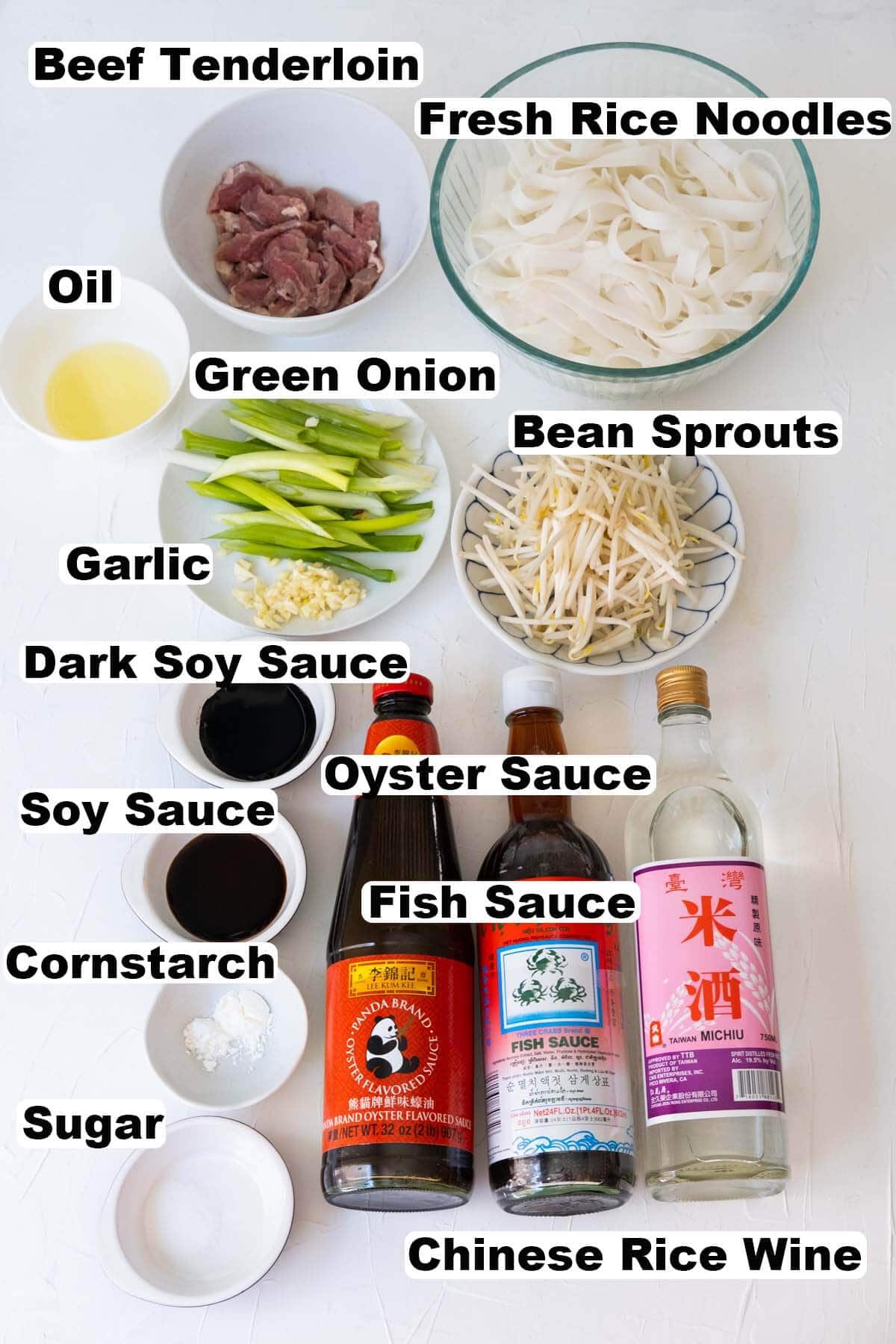 Beef chow fun noodles ingredients.