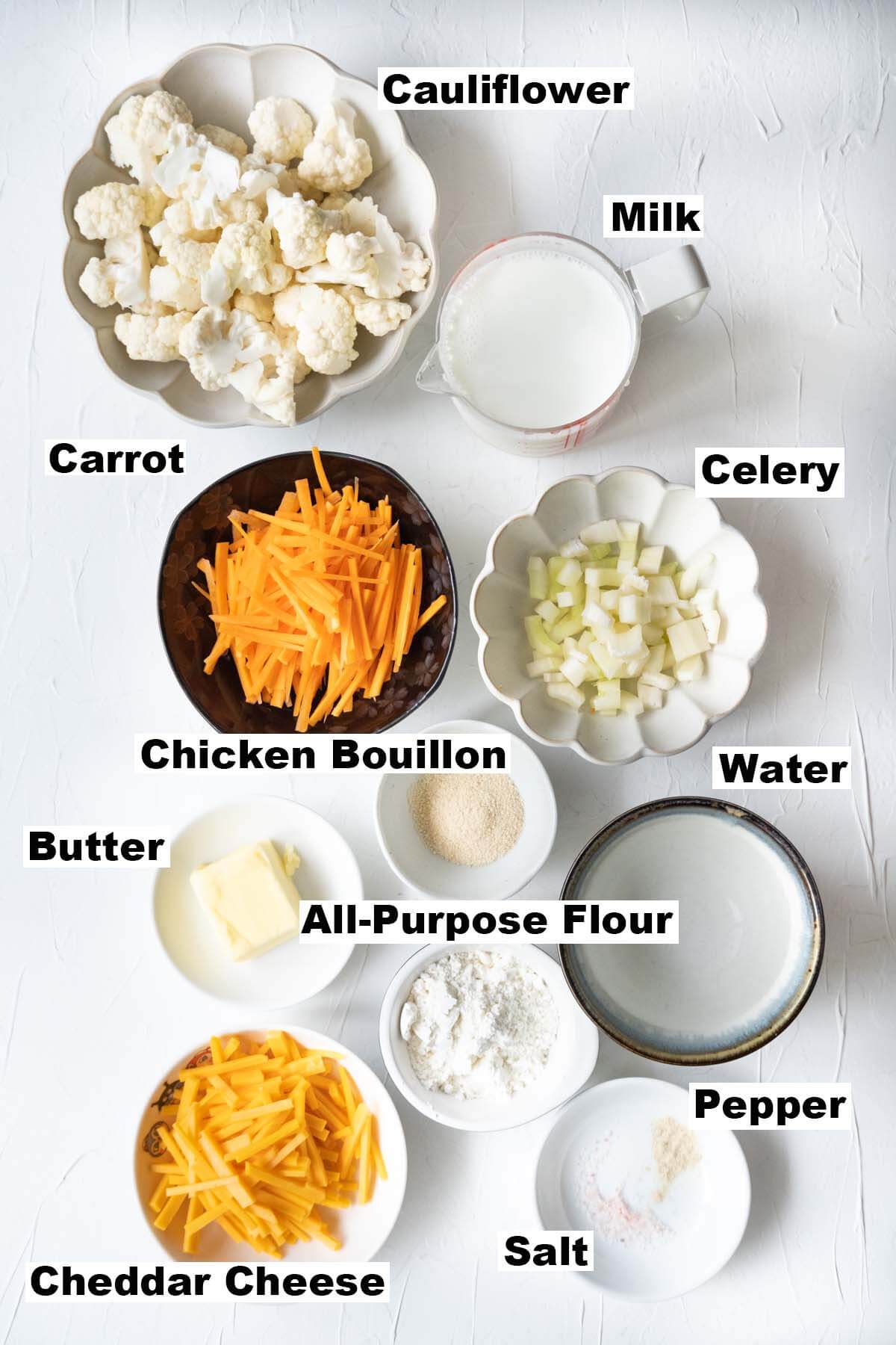 Cauliflower soup ingredients. 