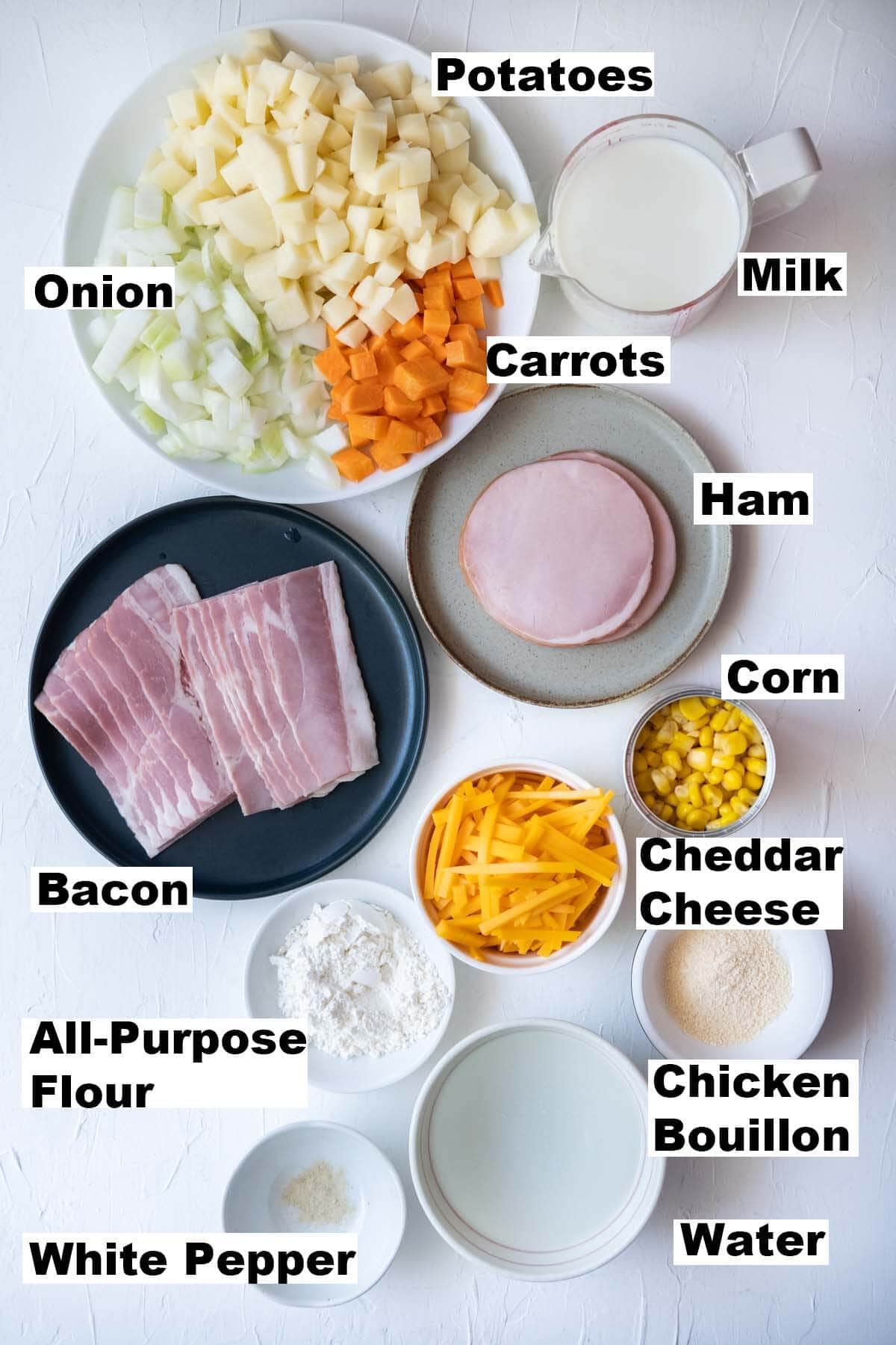 Cheesy ham chowder ingredients. 