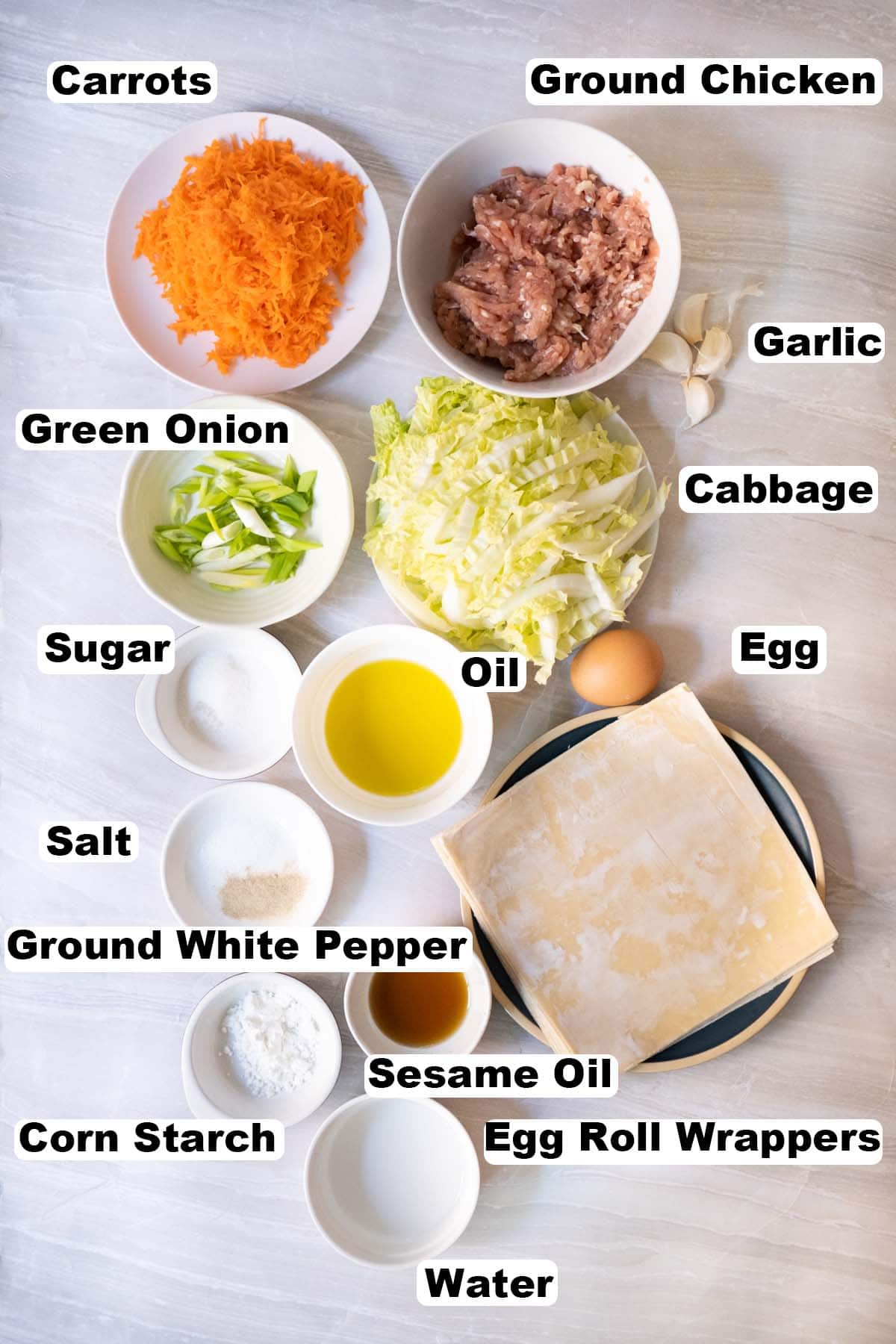 Chicken egg rolls ingredients. 