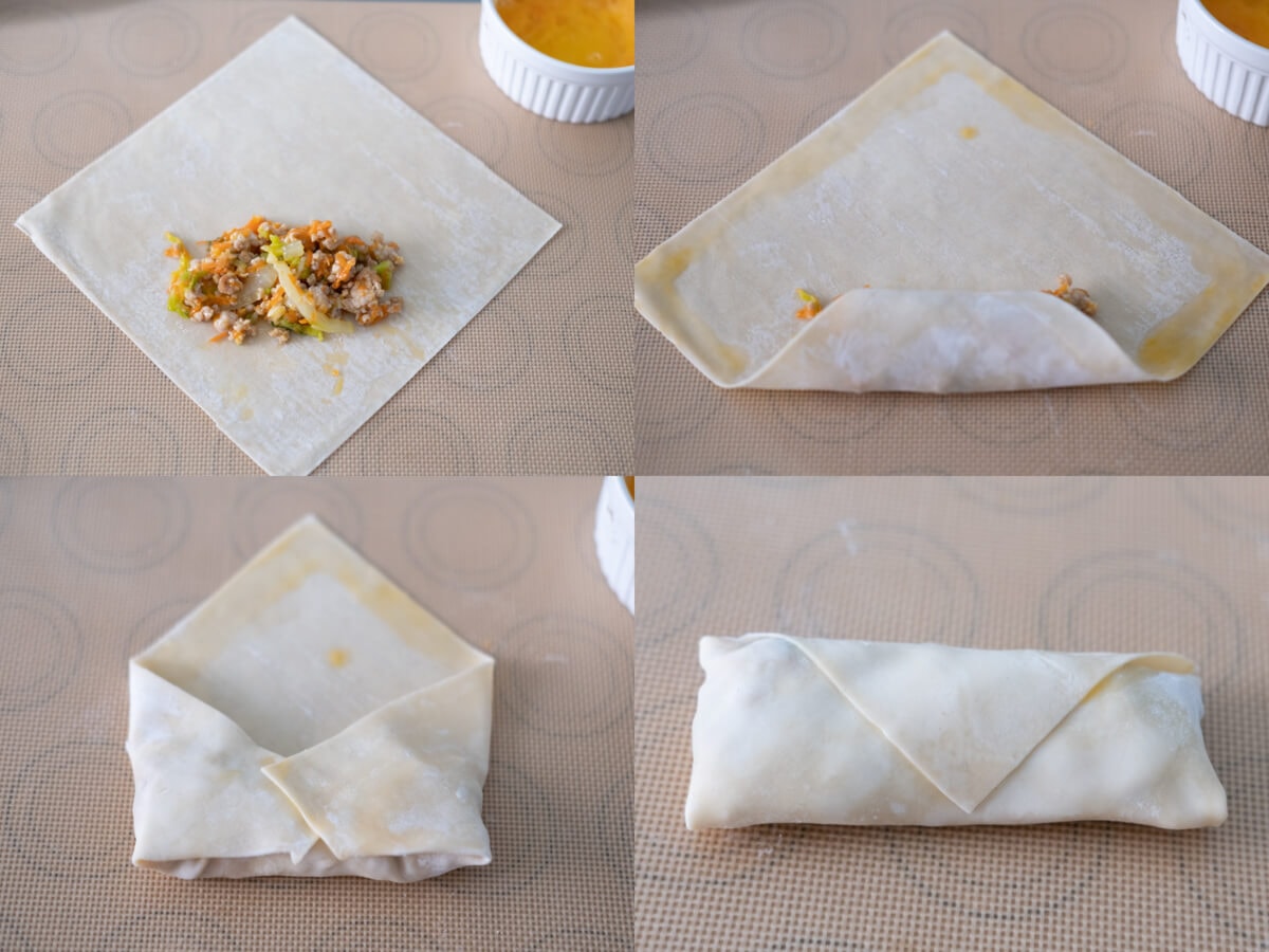 Step-by-step egg rolls wrapping process. 