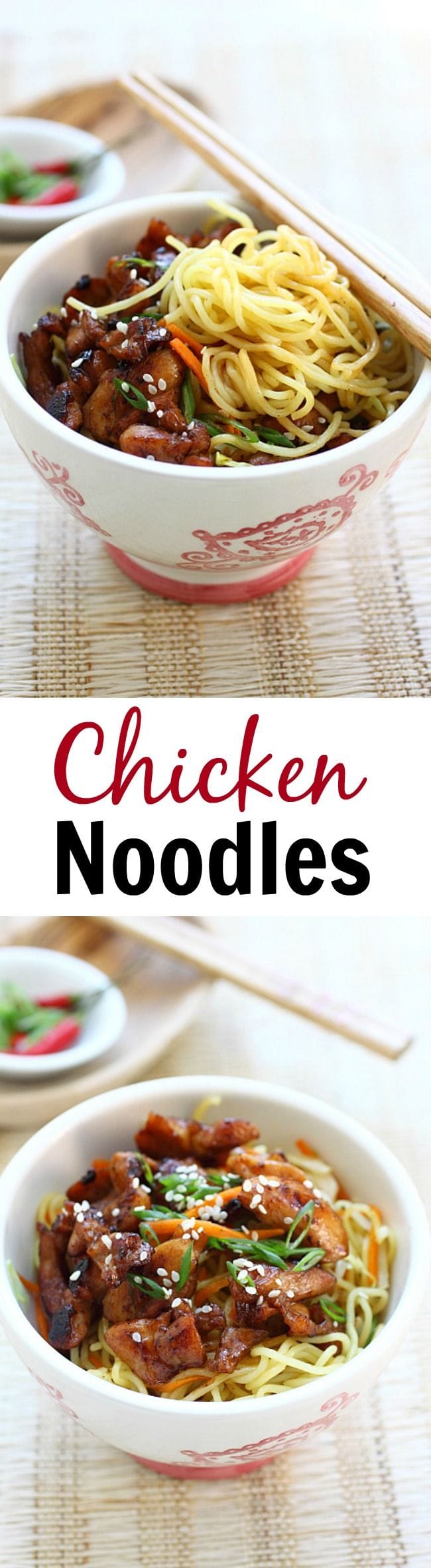Chicken Noodles – Stir-fried chicken noodles with chicken and egg noodles. This easy chicken noodles recipe is delicious, easy to make, and perfect for weeknight dinner | rasamalaysia.com