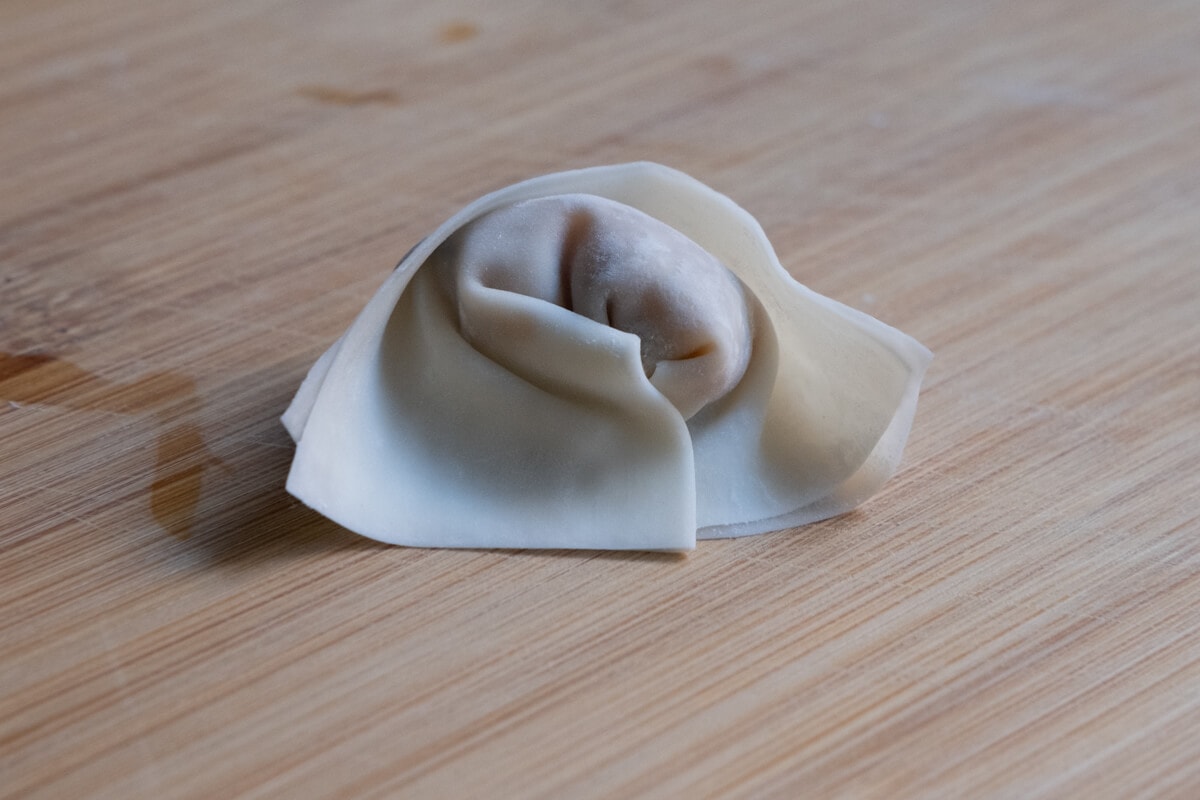 A raw chicken wonton all wrapped up.