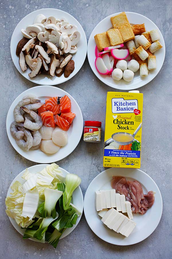Chinese Hot Pot ingredients consists of protein (meat and seafood), vegetables, tofu, mushrooms and fish balls.