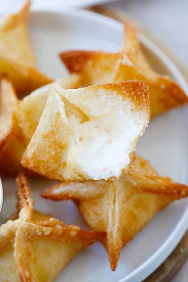 Crab rangoon with filling of real crab meat and cream cheese.