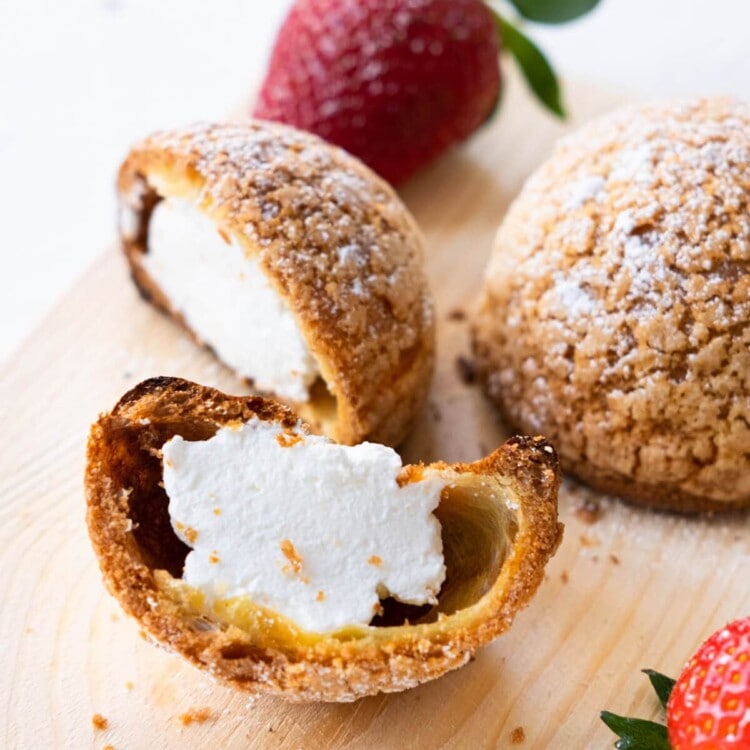 Cream filled choux pastry with crispy shell and whipped cream filling.