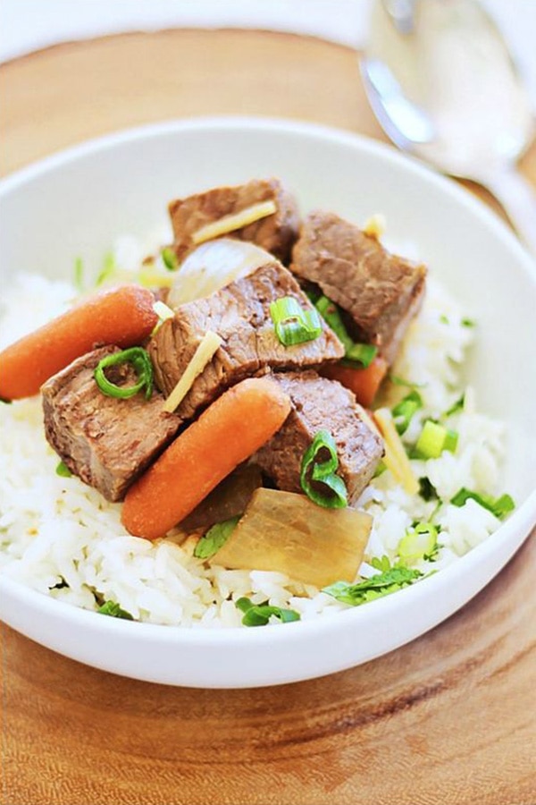 Crock Pot Asian Beef Stew recipe with rice.