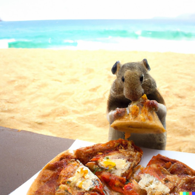 A stuffed toy resembling a mouse eating a slice of pizza on a sandy beach with waves in the background.