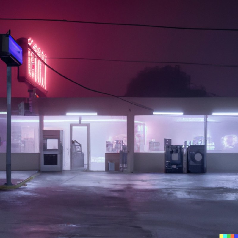 A foggy nighttime scene at a brightly lit gas station with pink neon lights and visible appliances and products inside the store.