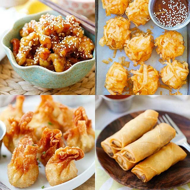 Deep-fried Chinese food: fried sesame chicken, fried wontons, fried egg rolls and fried shrimp balls.