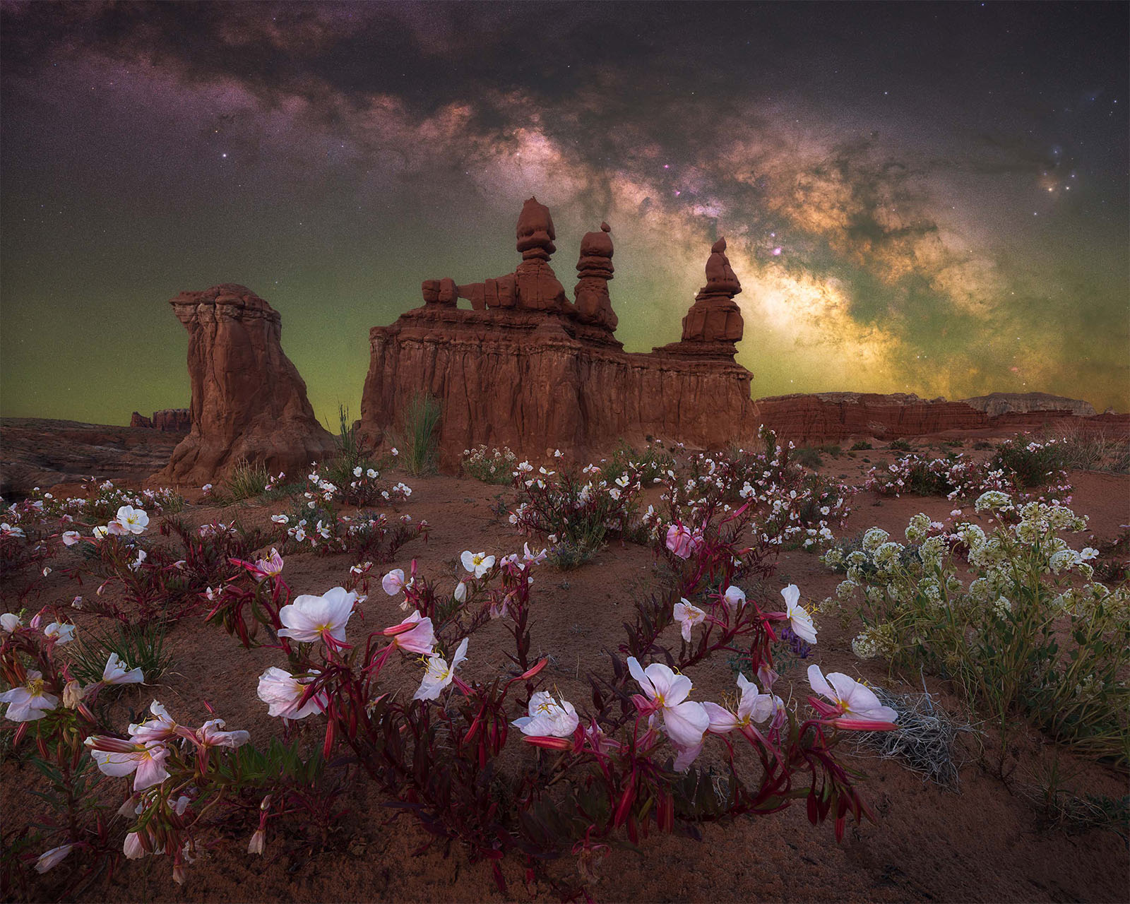 A vibrant night scene captures a desert landscape with blooming flowers in the foreground. Majestic rock formations are illuminated under a star-filled sky, with the Milky Way visible, creating a stunning blend of earth and cosmos.