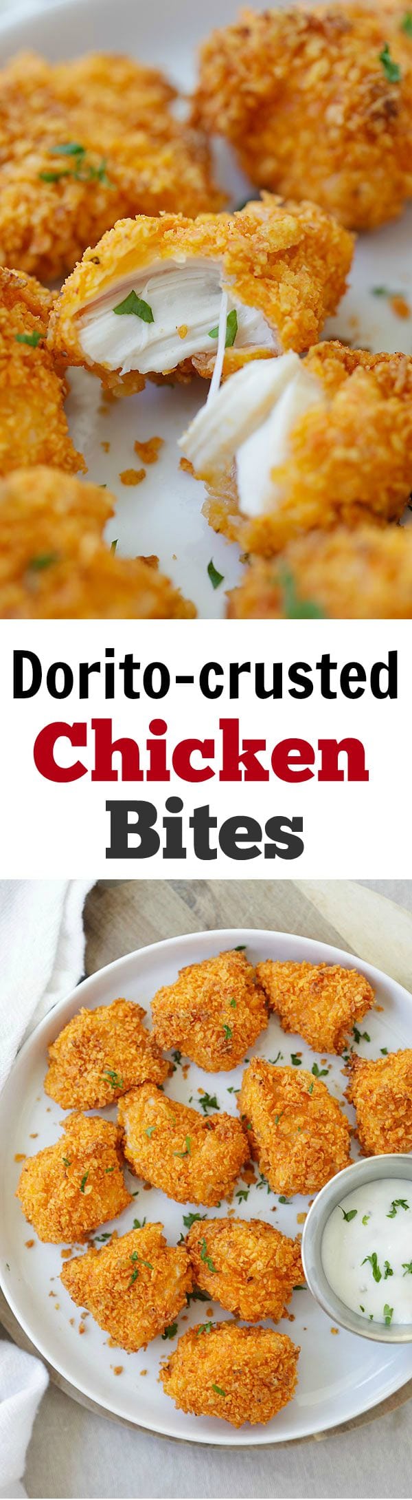 Dorito-crusted Chicken Bites – coated with crispy tortilla chips and baked to perfection. 10 minutes active time and dinner is ready! | rasamalaysia.com
