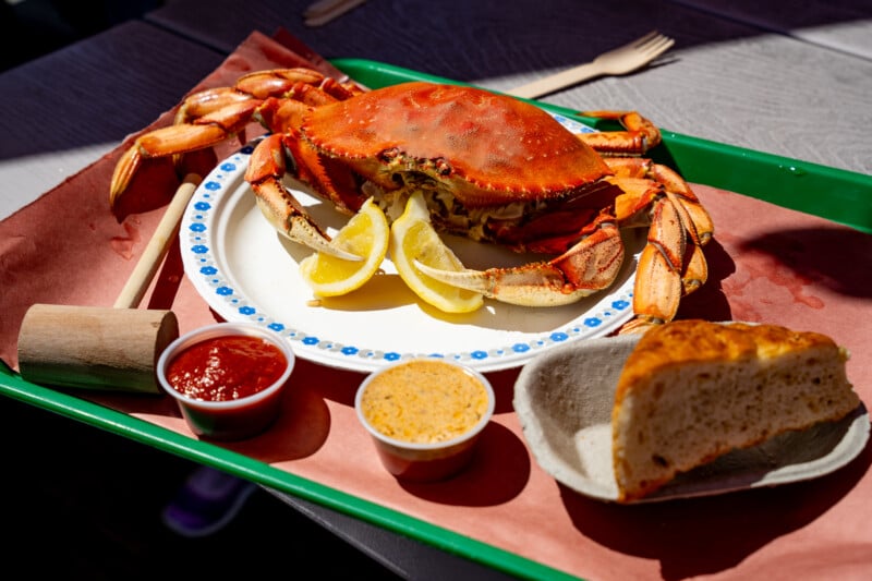 A whole cooked crab with claws, placed on a white plate with lemon slices, accompanied by small bowls of sauce, a piece of bread, and a wooden mallet, all served on a green tray in the sunlight.
