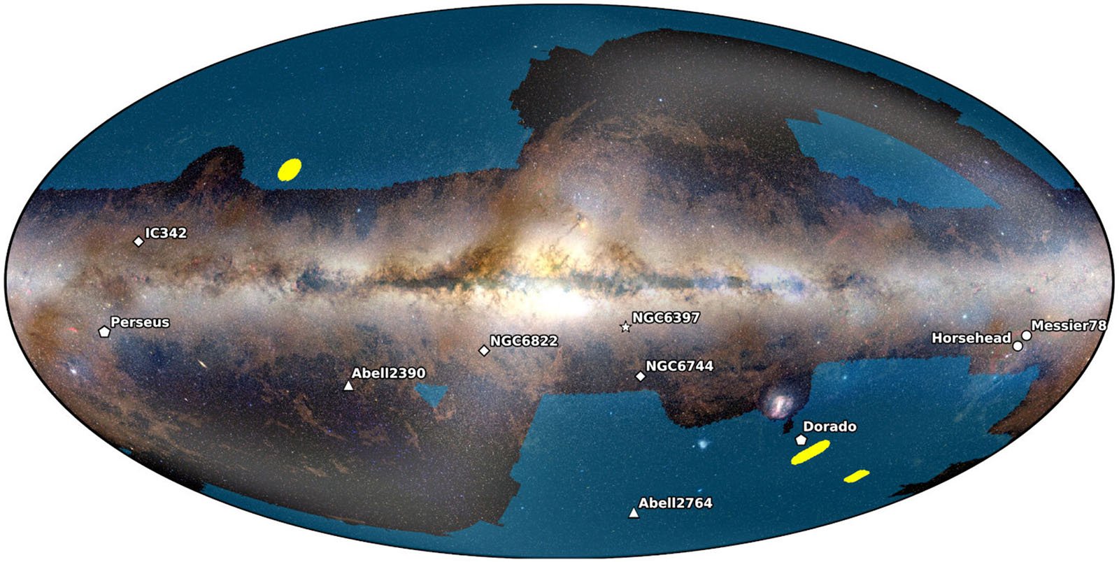 An oval-shaped panoramic image of the night sky showing the Milky Way and various labeled deep-sky objects, including NGC6822, NGC6637, NGC6744, Messier78, Perseus, and others. The image is annotated with bright spots and labels highlighting specific celestial objects.