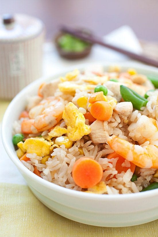 Easy fried rice made with rice, eggs, chicken, and shrimp in a bowl, ready to serve.
