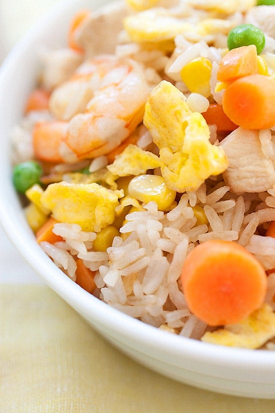 Healthy homemade Chinese fried rice in a bowl.
