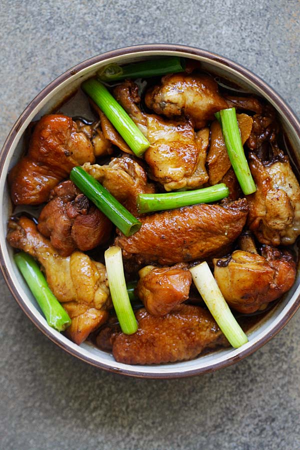 Asian braised Ginger Soy Chicken in a serving dish ready to serve.