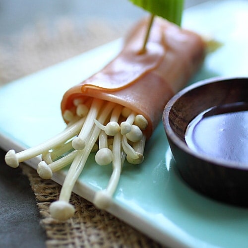 Grilled Enoki Mushrooms Wrapped with Smoked Chicken Breast