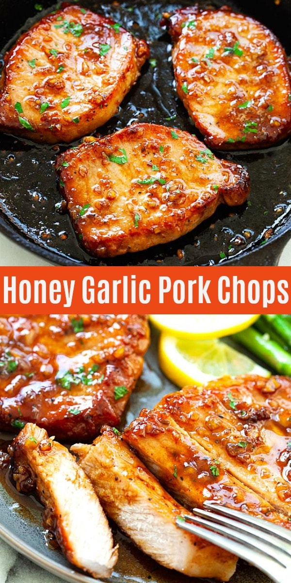 Honey Garlic Pork Chops cooked in a skillet, with sticky honey garlic sauce, all done in less than 15 minutes. This recipe is absolutely delicious, with only 5 main ingredients!