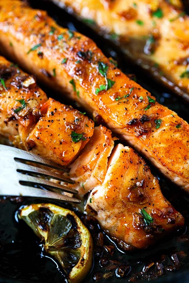 One of the best salmon recipes is honey garlic salmon made with salmon, honey and garlic.