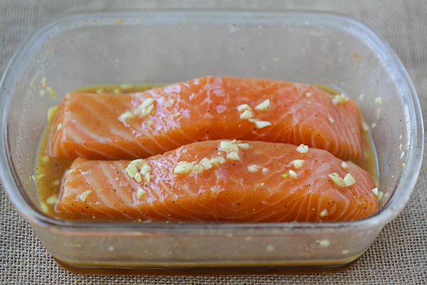 Baked salmon in a baking tray