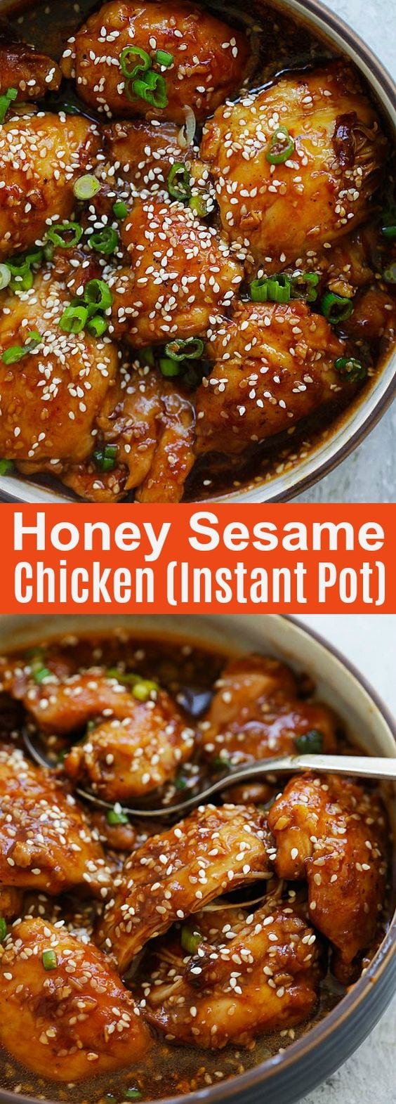 Instant Pot Honey Sesame Chicken - crazy delicious and easy Instant Pot recipe with chicken, sticky sweet and savory honey sauce with sesame! This juicy, tender, moist chicken will be an instant hit | rasamalaysia.com