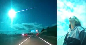 A composite image showing a meteor blazing across the sky over a highway at night on the left, and a person looking up at the sky during the day on the right. The meteor emits a bright light, and vehicles are seen on the highway below it.