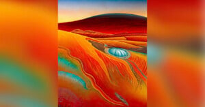 A surreal desert landscape painting features vibrant red and orange rolling hills under a gradient yellow to blue sky. At the center, a silver dome-like structure and winding paths add a sense of mystery and intrigue to the arid scene.