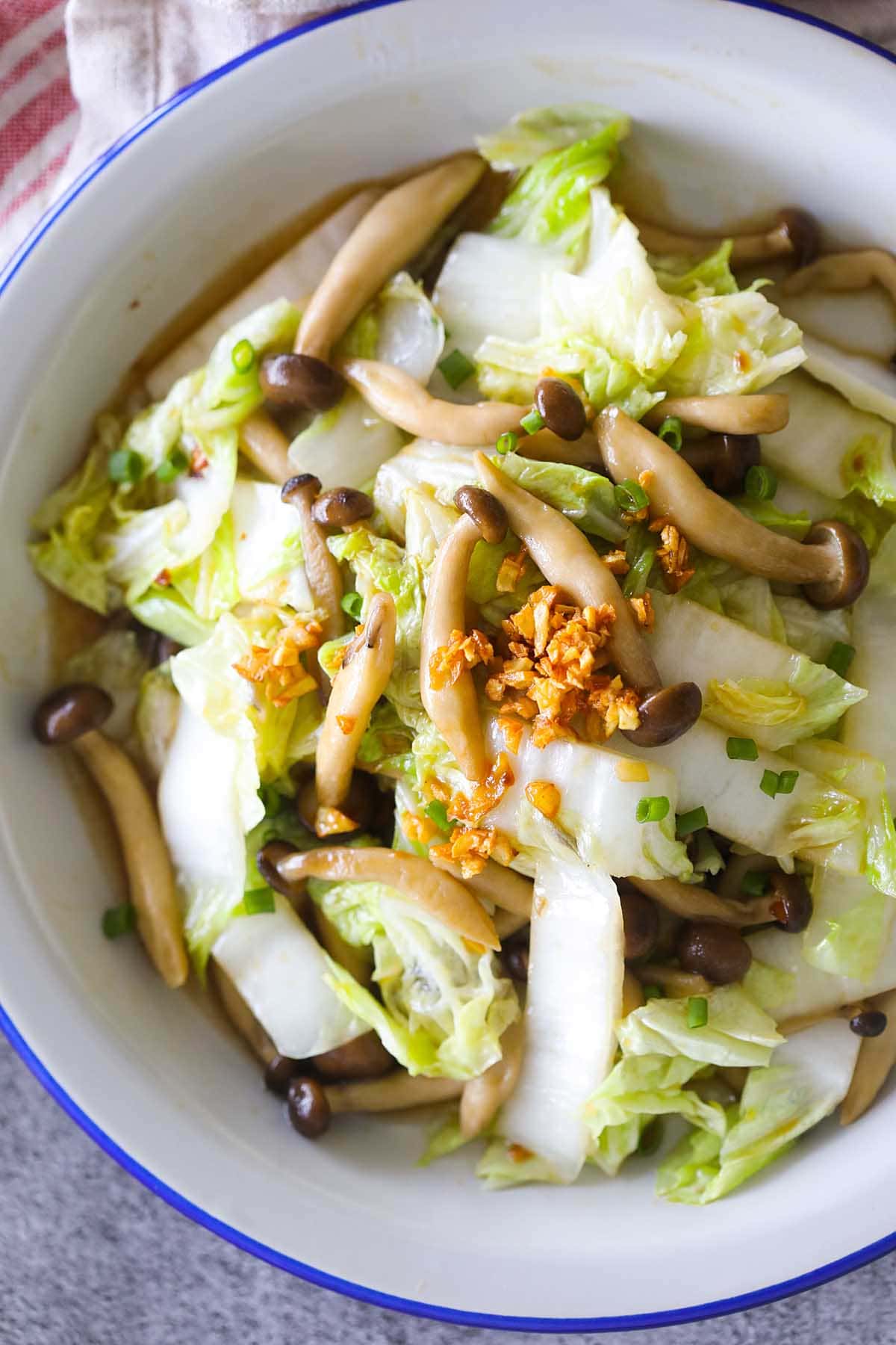 Homemade Chinese cabbage stir fry with mushroom and oyster sauce.