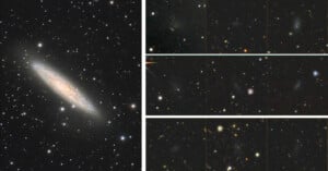 Image of a galaxy on the left, displaying a bright central area with spiral arms and a significant amount of surrounding space and stars. To the right, there are six smaller, zoomed-in sections highlighting specific distant stars or galaxies against the dark background.