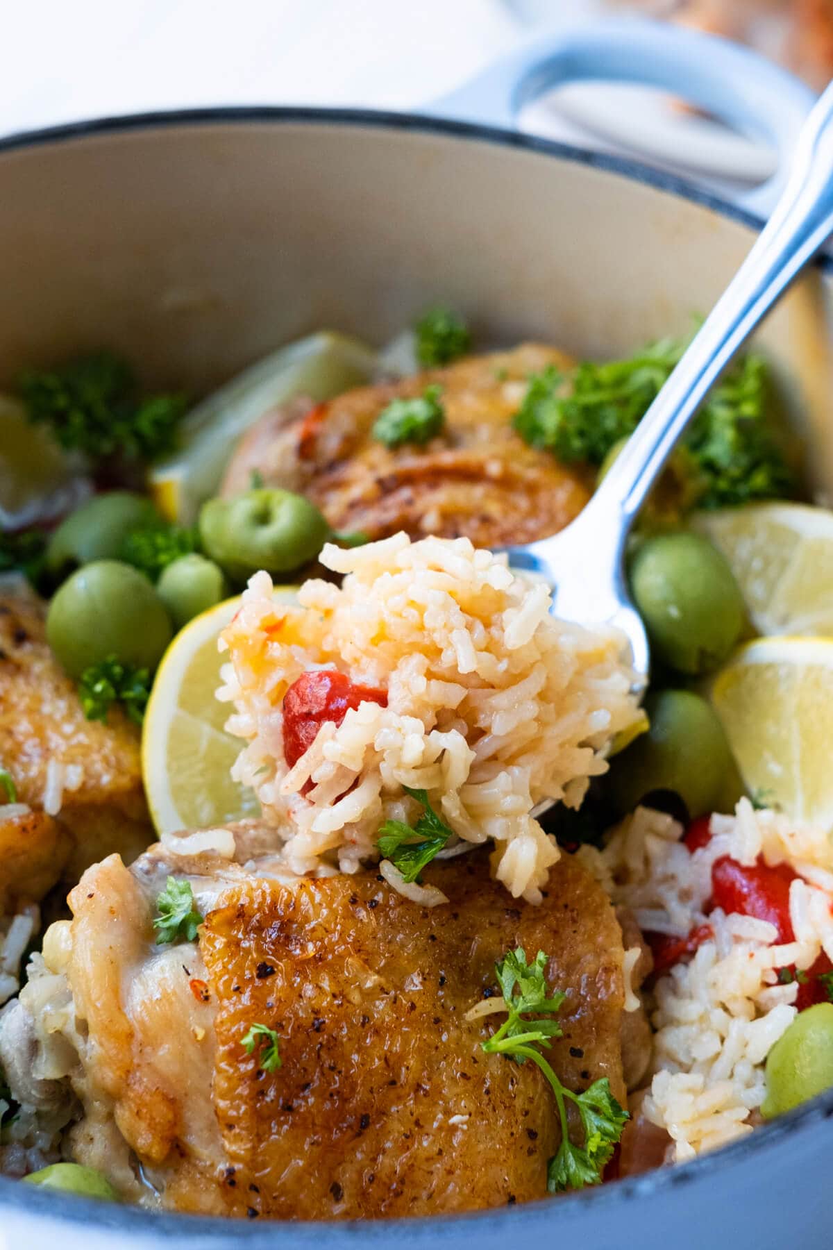 Fluffy rice with tender chicken in a pot. 