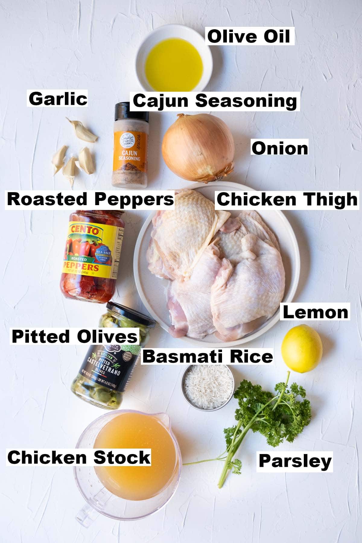 One-pot cajun chicken and rice ingredients. 