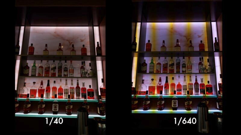 A comparison image of a backlit bar shelf with various bottles of liquor. The left side shows a photo taken with a 1/40 shutter speed, appearing brighter. The right side shows a photo taken with a 1/640 shutter speed, appearing darker.