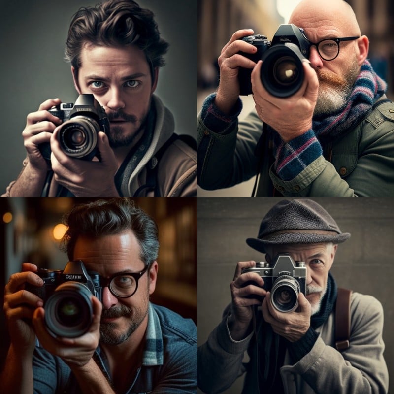 Four square-framed portraits of diverse men, each holding a camera and aiming it at the viewer, showcasing a blend of age and style in a unified theme of photography.