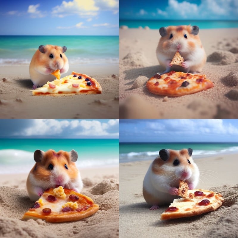 Four-panel image of a hamster on a beach, each panel showing the hamster with a different slice of pizza; sunny beach and turquoise sea in the background.
