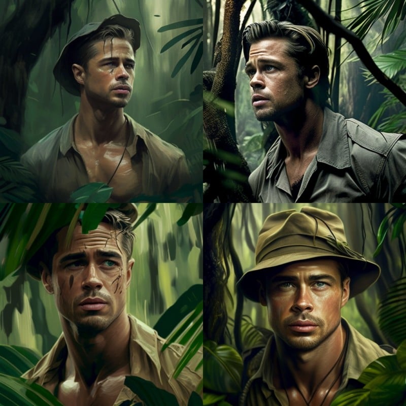 Four digital portraits of the same man in a jungle setting, showing different expressions and outfits, ranging from a torn shirt to a safari hat. his surroundings are lush and green.