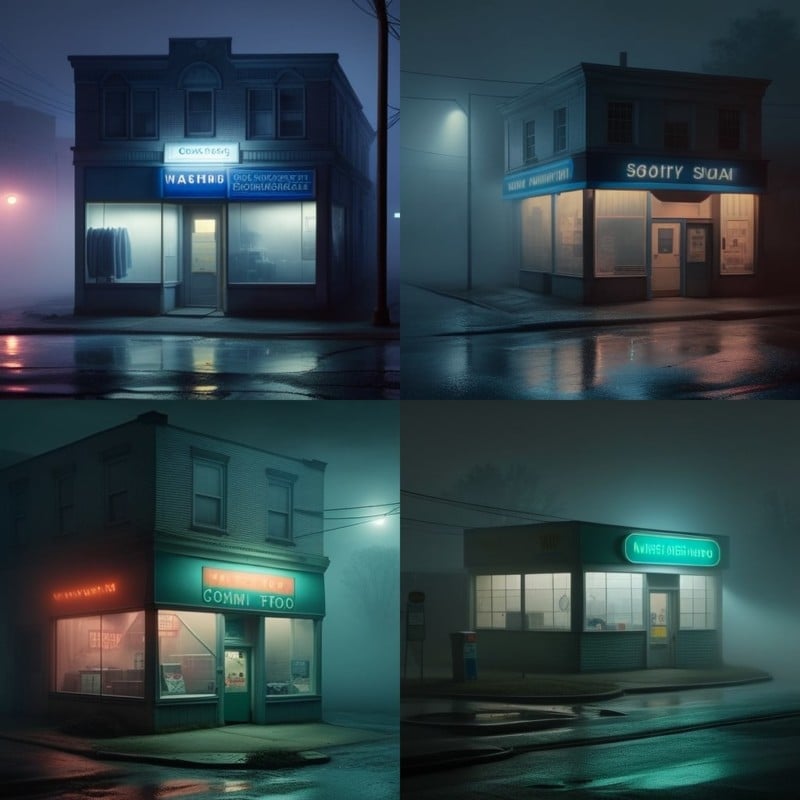 Four images of a corner building at night with different fictional store names and color lighting, each depicting a moody, foggy scene on a wet street.