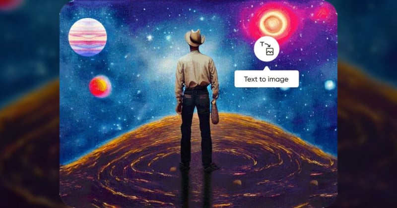 A man in a cowboy hat and denim shirt stands on a curving pathway, gazing at a surreal cosmic scene with colorful planets and a black hole.