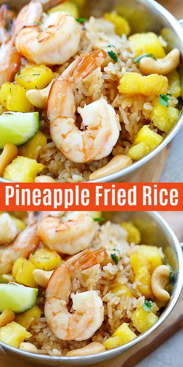 Thai Pineapple Fried Rice - amazing pineapple fried rice recipe with shrimp, cashew nuts, and pineapple. Easy recipe that takes only 20 mins from start to finish.