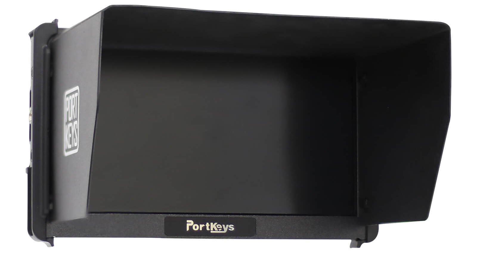 The image shows a PortKeys monitor hood with a black finish. The hood is designed to help shield a monitor from glare and sunlight, enhancing screen visibility. "PortKeys" branding is visible on the front and side of the hood.