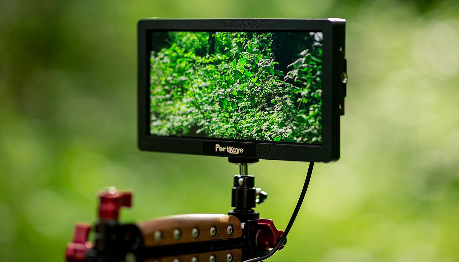 A monitor displaying an image of lush green foliage is mounted on a camera rig outdoors. The sun illuminates the surrounding greenery, creating a vibrant, verdant scene on the screen and in the background. The monitor brand, PortKeys, is visible beneath the screen.