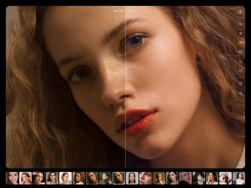 A close-up image showing a woman's face split into two halves. The left side is tagged "Before," revealing natural skin, while the right side is tagged "After," showing edited, smoother skin and more vibrant makeup. Thumbnails of various photos are visible below.