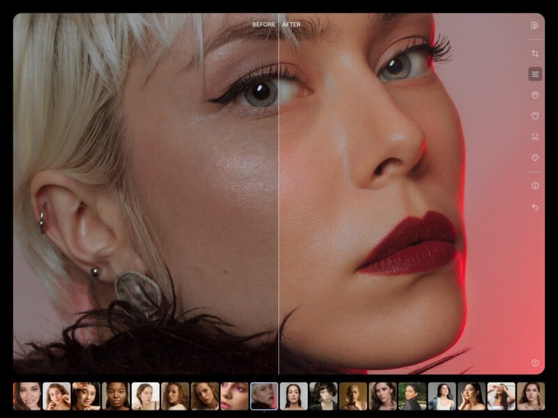A split-screen image showcasing a comparison of a woman's face before and after editing. The left side shows her natural complexion with lighter makeup, while the right side shows a more polished look with enhanced skin texture and bold red lipstick. A row of small thumbnails is visible at the bottom.