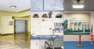 A composite image features three scenes: a yellow room with patterned walls and a double door, a control room with a wall of switches and military helmets, and a display with an American flag, podium, and painting of the White House.